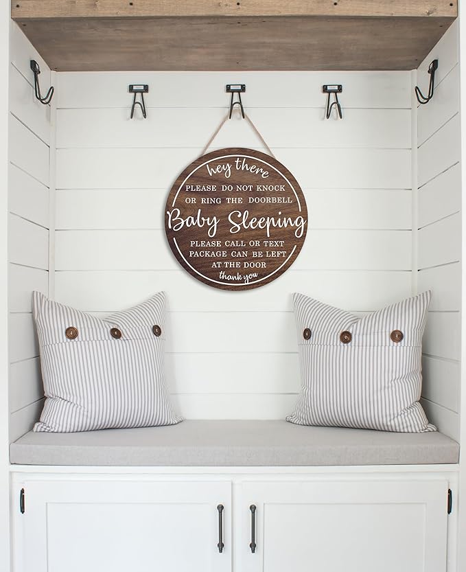 OLMIXA Baby Sleeping Wooden Sign (12x12 inch), Do Not Knock or Ring Door Knob Sign for Front Door