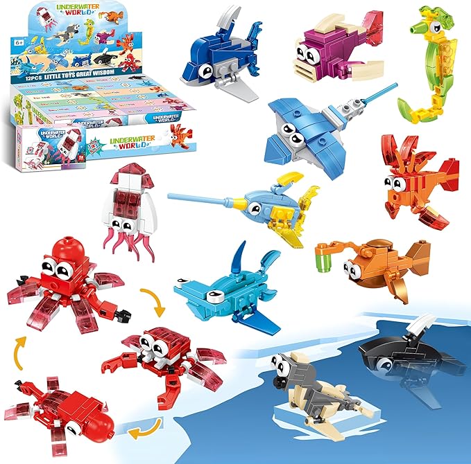 Party Favors for Kids, 12 Pack 36 Kinds of Animals Building Block Toy Stocking Stuffer Classroom Prize Goodie Bags Easter Gift Building Set 6-12+