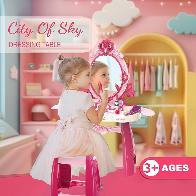 Toddler Vanity Makeup Table Toy with Mirror&Chair,Kids Vanity Set Toddlers2 3 4 5 6Years Old