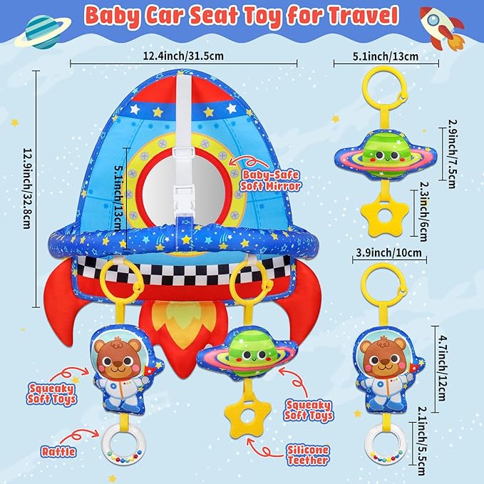 Dr.Rapeti Double-Sided Car Seat Toy, Rear Facing Car Seat Toy, Travel Activity Set, Easier Drive for Newborn, Adjustable Activity Arch with Baby Mirror, Teether, Ring Rattles