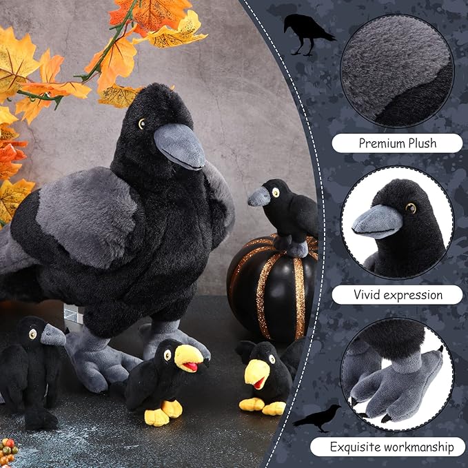 HyDren 5 Pcs Black Bird Plush Toy Set 14 Inch 4 Small
