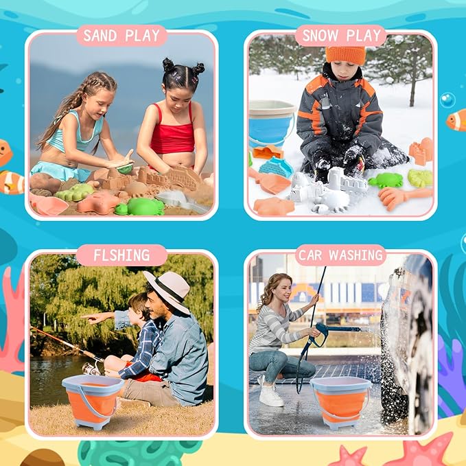 Collapsible Beach Sand Toys for Toddler Sand Toys for Kids 2 Packs Foldable Buckets with Sand Molds,Shovels for Beach 3 4 5 6 7 8+