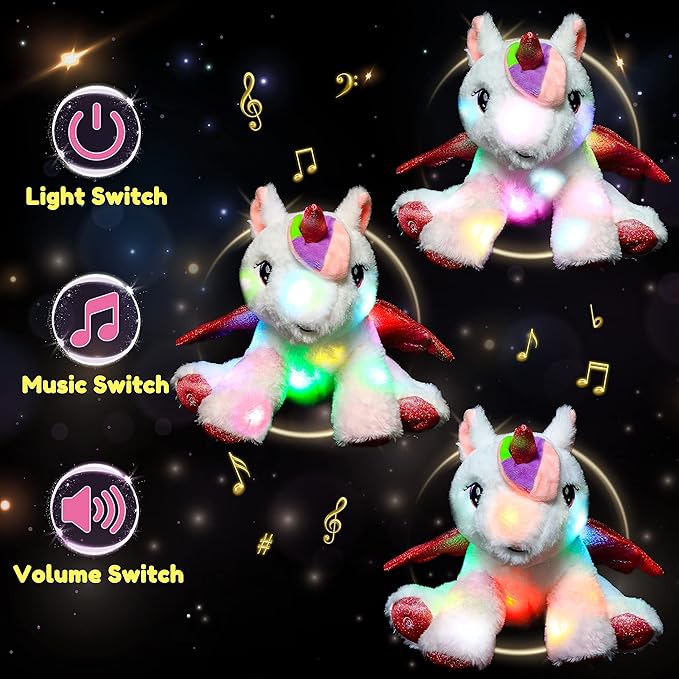Hopearl LED Musical Stuffed Unicorn Adorable Lighting Up Singing Plush Toy Adjustable Volume Lullaby Animated Soothe Birthday Festival for Kids Toddler Girls, White 11''