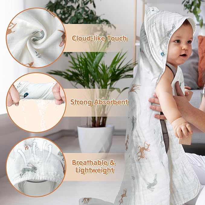 Zainpe 4Pcs Muslin Baby Hooded Towel & Washcloth Set Deer 31.5 x 31.5 in