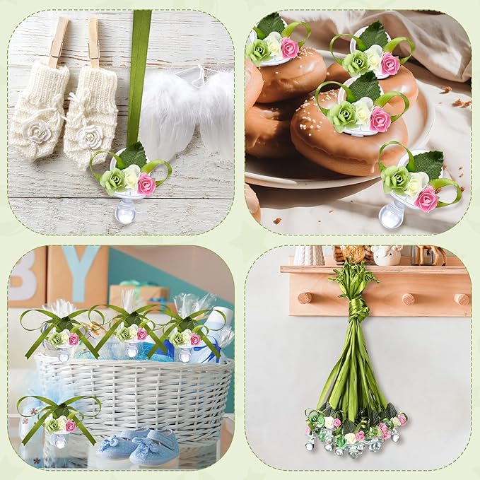 XunYee 48 Pcs Sage Green Baby Shower Pacifiers Necklace Acrylic
