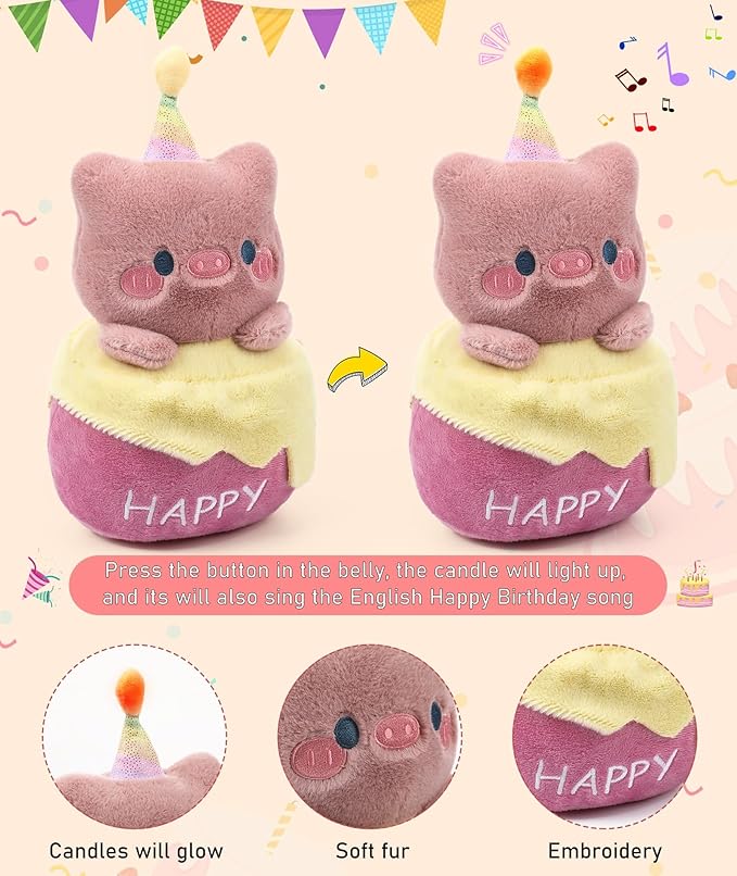 Birthday Stuffed Animal Pig Plush - Adorable Birthday Cake Stuffed Doll, Cute Happy Pig with Glowing Candle, Party Decorations, Kids' Gifts, 11 Inch