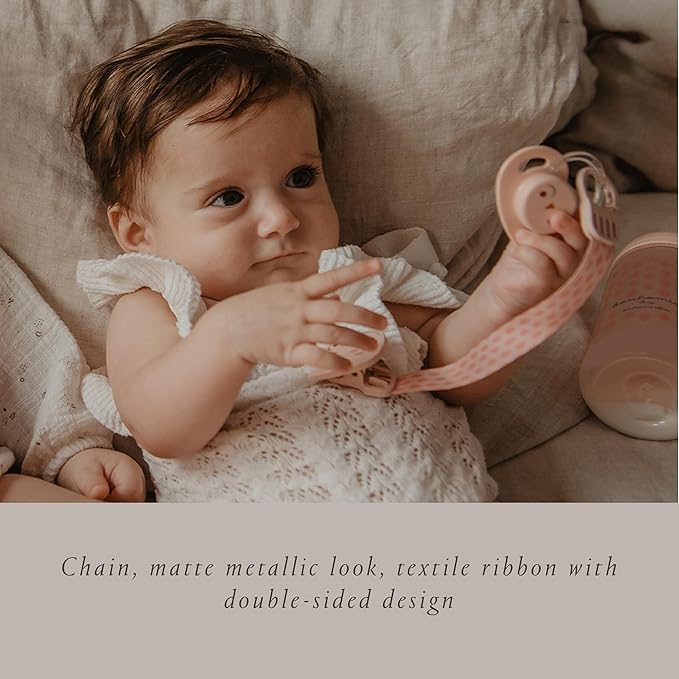 Suavinex Bonhomia Premium Baby Pacifier Clip with Ribbon, Stylish Binky Clips with Double Sided Design (0mo+), Beige