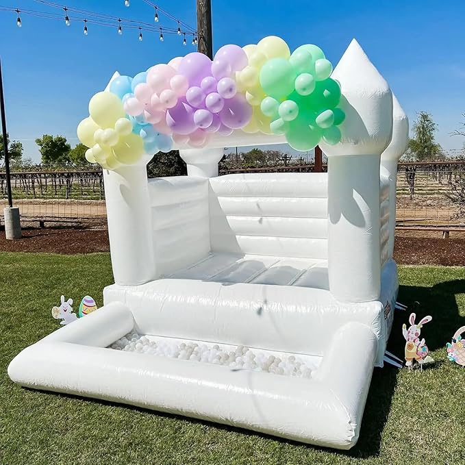 King Inflatable White Bounce House Castle with Ball Pit&Air Blower, White Jumper Bouncy Castle Wedding Decorations Jumping Bed for Party 8' x 10' x 8'