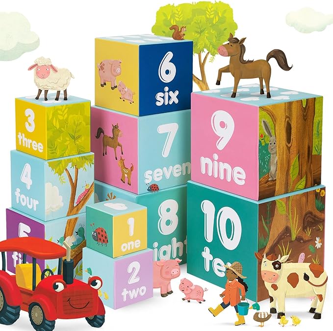 Baby Stacking Blocks Farmyard Animal Toys with Letters and Numbers, Montessori Cubes for Toddlers