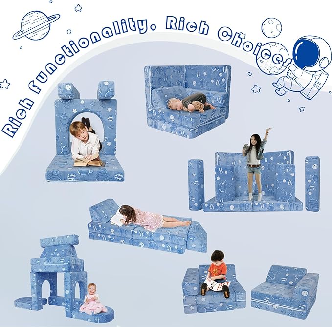 MeMoreCool Kids Couch, 10-Piece Modular Play Couch for Playroom, Fold Out Kids Sofa for Girl Boy, Glow Space