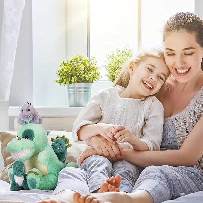 IKASA Mommy Dinosaur Stuffed Animal Mom and Baby Plush Toy,Cute 14" Soft Small Mama Family Set Toy with Little Mini Babies