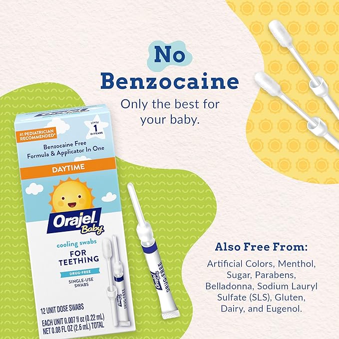 Orajel Baby Daytime Cooling Swabs for Teething, Drug-Free 1 Pediatrician 12 Swabs