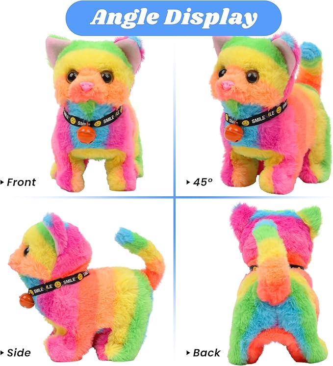 Hopearl Walking Cat Interactive Electronic Pet Plush Kitty Toy with Sounds and Movements Animated Meow Shake Head Wiggle Tail Gifts for Toddlers Birthday, Rainbow 7''