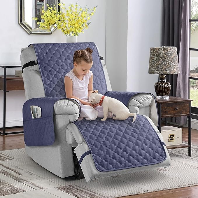 TAOCOCO Waterproof Recliner Chair Covers with Leg Strap 1 Piece Oversized Recliner Covers for Large Recliner for Pets Kids, Washable Reclining Chair Furniture Protector(28'' Oversized, Bluish Grey)