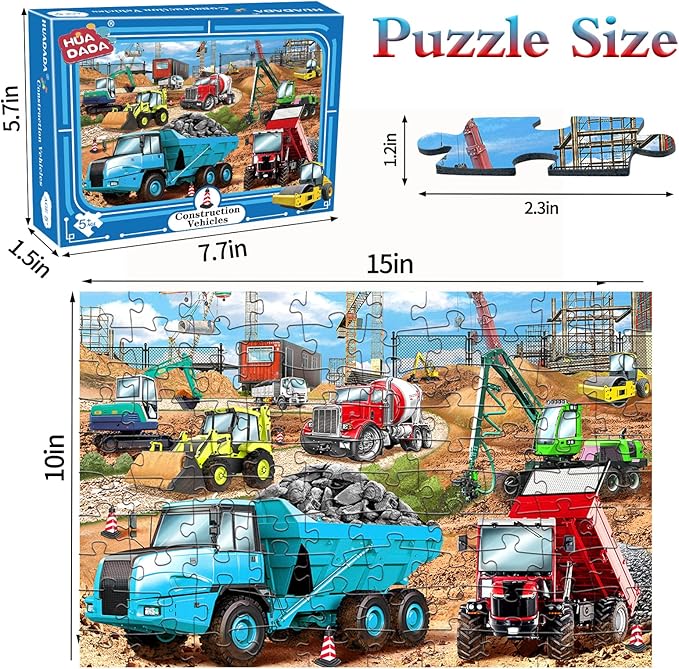 HUADADA Puzzles for Kids Ages 4-8, Construction Vehicles 100 Piece Puzzles for Kids Educational Jigsaw Puzzles Toys Gift for Boys and Girls Age 4 5, 6, 7, 8-10 (15" x 10")