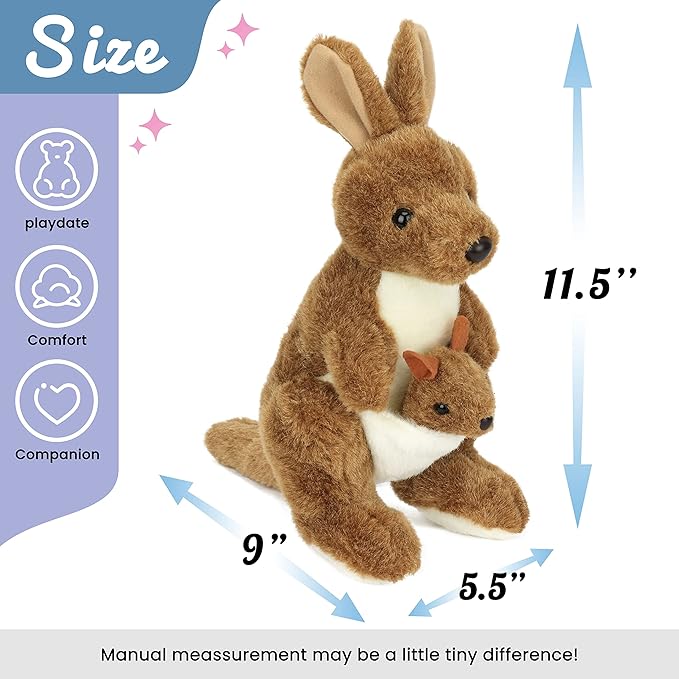 Hopearl Kangaroo Mama and Baby Joey Stuffed Animal Soft Plushie Toy Jungle Baby Shower Nursery Décor Zoo Animals for Toddlers Adorable Stuffed Kangaroos Gifts for Kids Boys Girls, Brown 11.5''