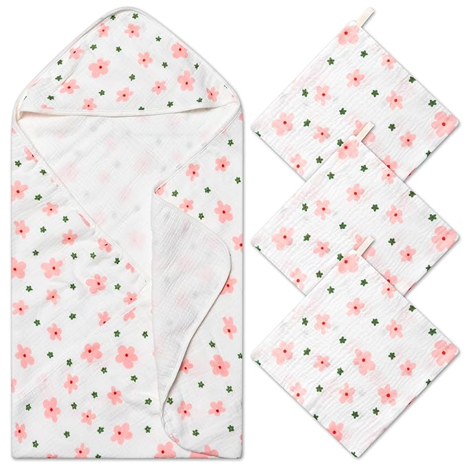 Zainpe 4Pcs Muslin Baby Hooded Towel & Washcloth Set Floral 31.5 x 31.5 in