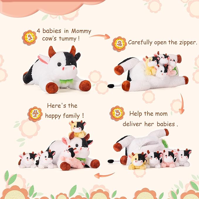 IKASA Mommy Cow Stuffed Animal Mom and Baby Plush Toy,Cute 17" Soft