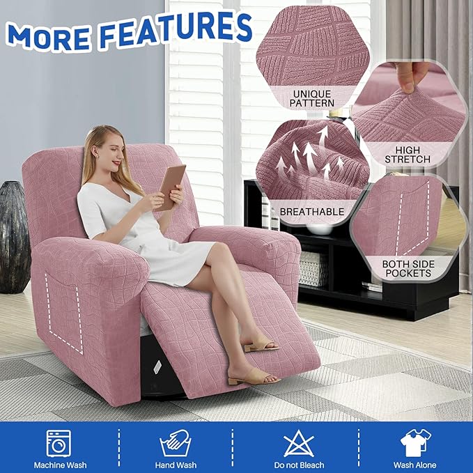 MAXIJIN Waterproof Recliner Covers for Large Recliner 3 Pieces Oversized Recliner Chair Covers, Washable Lazy Boy Reclining Slipcovers with Pockets for Pet, Kids (XL Recliner, Dusty Pink)