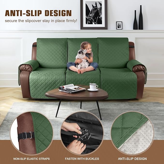 KinCam Waterproof Recliner Sofa Cover, Non-Slip Reclining Couch Covers for 3 Seat, Recliner Couch Cover Furniture Protector with Elastic Straps for Pets, Kids, Vine Green