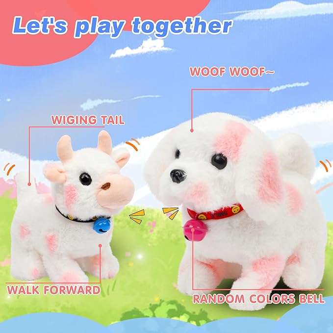Hopearl Walking Point Dog Interactive Electronic Pet Plush Toy Puppy Woof and Moving Animated Nodding Head Gifts for Toddlers Birthday, Pink 7''