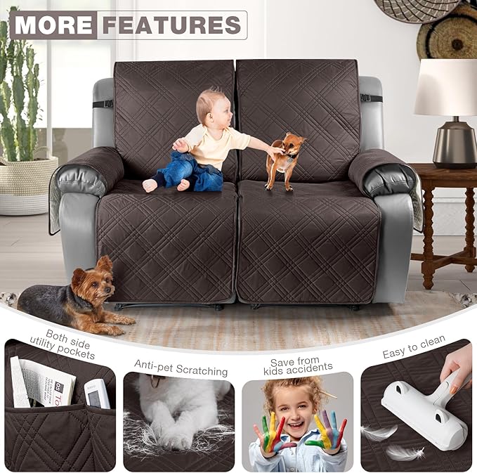 TAOCOCO 100% Waterproof Oversized Loveseat Recliner Cover, Non Slip Split Loveseat Covers for Reclining Loveseat with Elastic Straps for Kids Pets(Oversized 2 Seater, Chocolate)