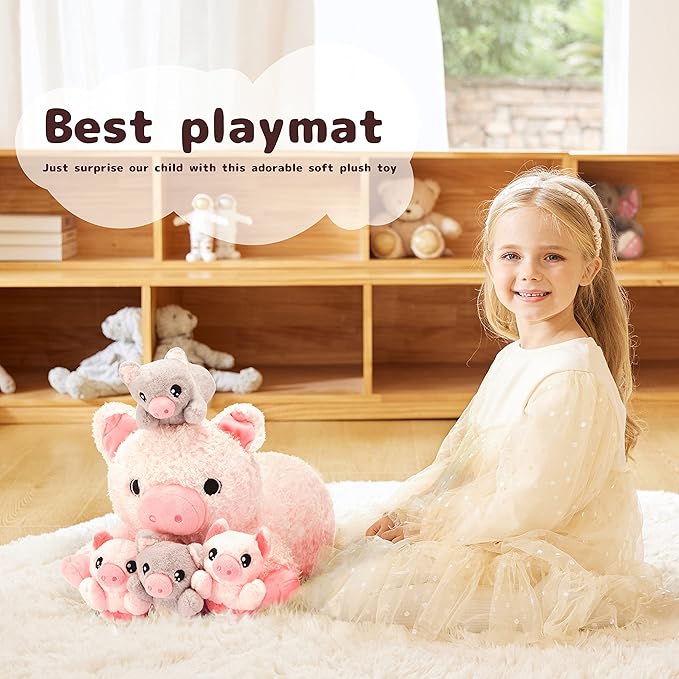 IKASA Mommy Pig Stuffed Animal Mom and Baby Plush Toy,Cute 16" Soft Small Fluffy Mama Family Set Toy with Little Mini Babies