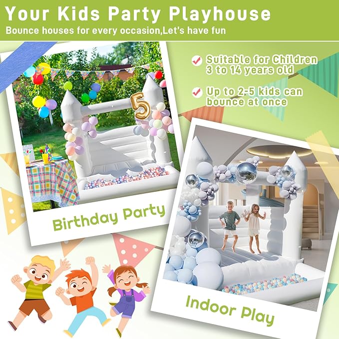 White Bounce House with Ball Pit 10x8x8 FT Inflatable Indoor 3-12,PVC White