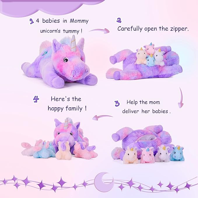 IKASA Mommy Unicorn Toys for Girls Age 4-6,Mom and Baby Stuffed Animal Plush Toy,Small Family Set Toy with Little Babies (Unicorn,18")