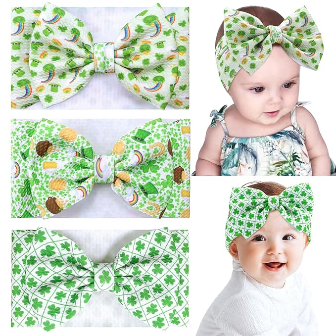 St. Patrick's Day Handmade Elastic Headbands, 3PCS Shamrock Printed Bows