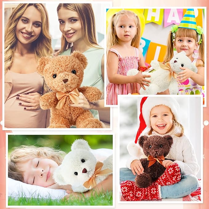 HyDren 12 Pcs Bear Stuffed Animal 12 Inch Bulk Soft Plush Bear Toys with Ribbon Bow Ties Fluffy Bears for Birthday Gift Baby Shower Graduation Wedding Party Favors(Light Brown, Dark Brown