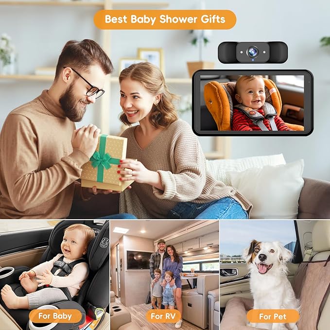 Baby Car Mirror Camera for 2 Kids with IR Night Vision, 3X Zoom Car Camera for Baby 1080P HD Images 360°Rotating Adjustable Car Seat Camera for Baby Rear Facing BV1