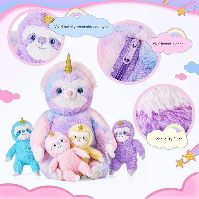IKASA Mommy Sloth Stuffed Animal Mom and Baby Plush Toy,Cute 20" Soft Small Fluffy Mama Family Set Toy with Little Mini Babies