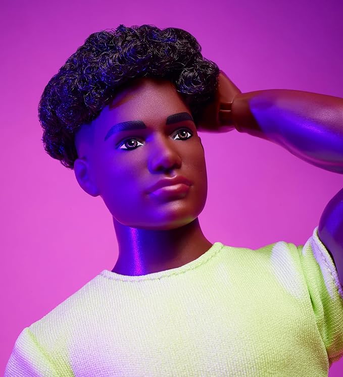 Barbie Looks Ken Doll, Collectible No. 25 with Curly Black Hair & Modern Y2K Fashion, Chartreuse Tee & Pastel Trousers with Silver Boots