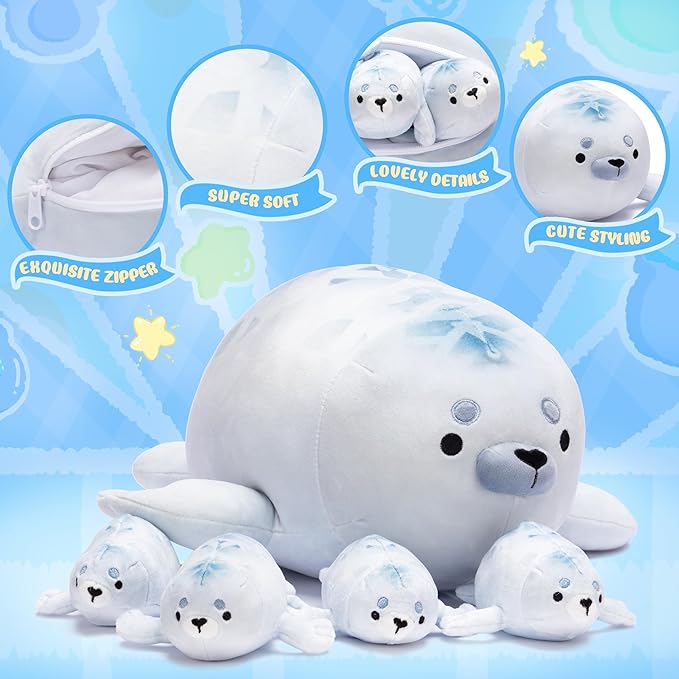 IKASA Mommy Seal Stuffed Animal Mom and Baby Plush Toy, Cute 16" Soft Small Mama Family Set Cuddly Toy with Little Mini Babies