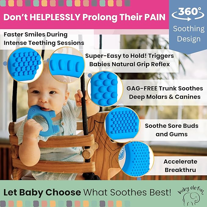 Teethers for Babies 6-12 Months - Baby Elefun 5x Pain Relief Toddler Teether. No More Ouch for Mom Anti Bite Trainer. Nurtures Grasping, Passing