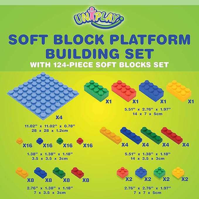 UNiPLAY Platform Soft Building Blocks — Educational Sensory Stacking Blocks, 11 x 11 Inch 3 Months (124-Piece Set)