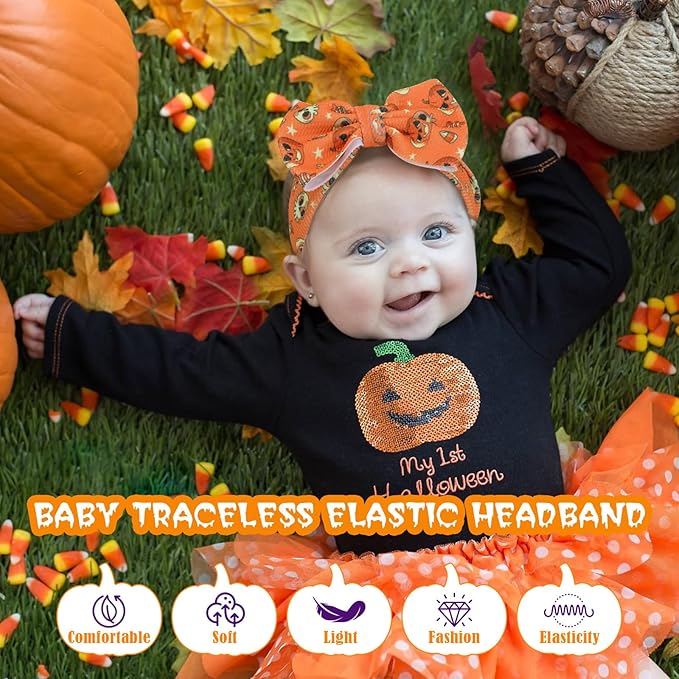 3pcs Halloween Baby Headbands, Trick or Treat Pumpkin Hair Bows