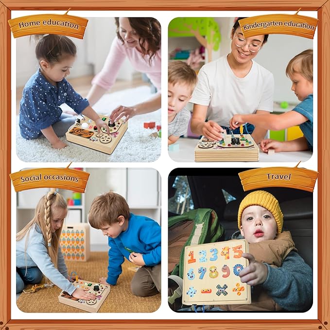 JAMIEWIN Montessori Busy Board with LED Light Switch for Toddlers 1-3, Wooden Sensory Board Travel Toys for Toddlers Baby 1 +