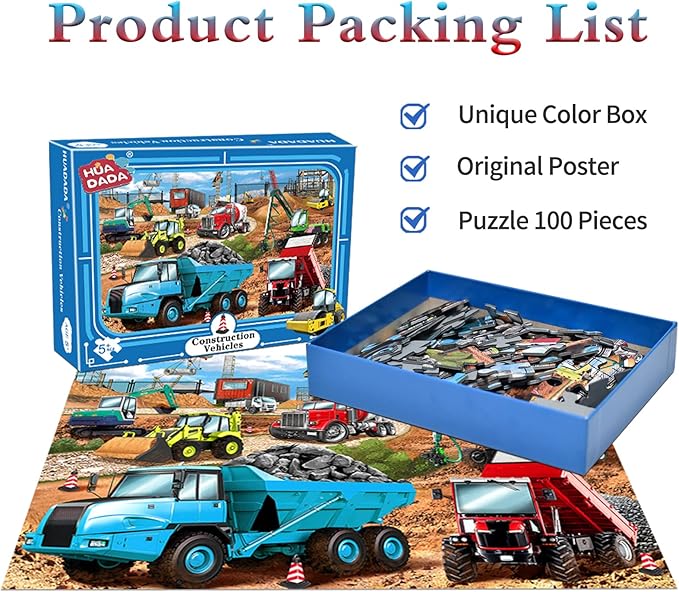 HUADADA Puzzles for Kids Ages 4-8, Construction Vehicles 100 Piece Puzzles for Kids Educational Jigsaw Puzzles Toys Gift for Boys and Girls Age 4 5, 6, 7, 8-10 (15" x 10")