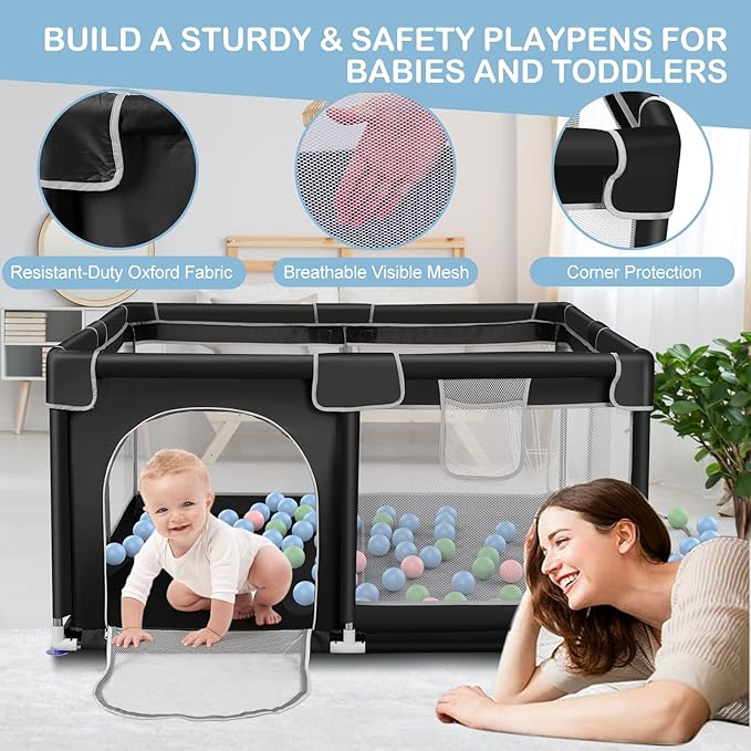 Tmsene Baby Playpen, Play Pens for Babies and Toddlers, Indoor & Outdoor Playard for Kids Activity Center, Sturdy Safety Baby Fence with Breathable Mesh, Black