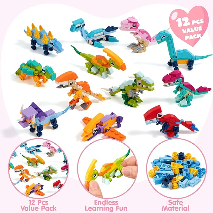 JOYIN 12 Packs Valentines Party Favors Dinosaur Building Blocks Toys with Heart Boxes for Valentine Kids Classroom Exchange, Prize Supplies, Valentine’s Gifts Exchange School Rewards