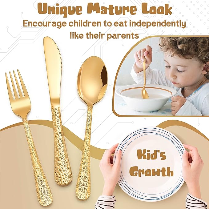 HaWare 9-Piece Toddler Kids Silverware Set, Stainless Steel Hammered Flatware, Preschooler Eating Utensils Includes 3 Spoons 3 Forks 3 Knives, Metal Children Cutlery for Home School, Mirror Finished