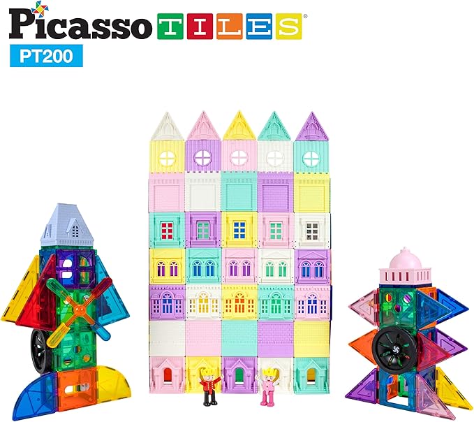 PicassoTiles 200 PCs Magnetic Tiles Castle Theme with 2 Figures 3+