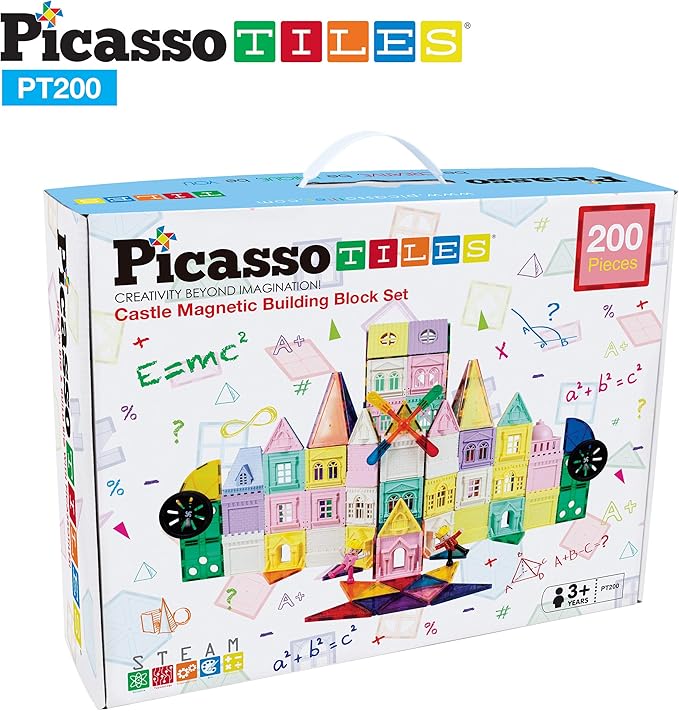 PicassoTiles 200 PCs Magnetic Tiles Castle Theme with 2 Figures 3+