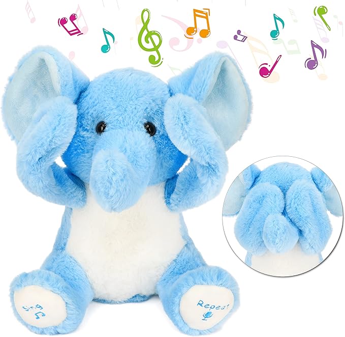Hopearl Peek A Boo Elephant Interactive Repeats What You Say Plush Elephish Toy Musical Singing Talking Stuffed Animal Adorable Electric Animate Birthday Festival, Blue 11.5''