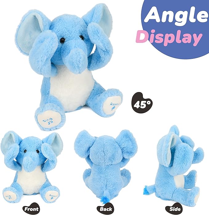 Hopearl Peek A Boo Elephant Interactive Repeats What You Say Plush Elephish Toy Musical Singing Talking Stuffed Animal Adorable Electric Animate Birthday Festival, Blue 11.5''