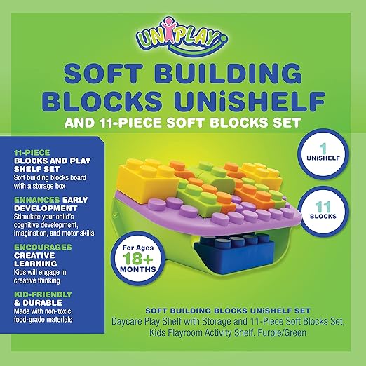 UNiPLAY Building Blocks Daycare Play Shelf with Storage 11 Piece Set, Sensory Toys Storage Bin and Play Shelf for Teething Baby Starter Learning Building Blocks 3 Months
