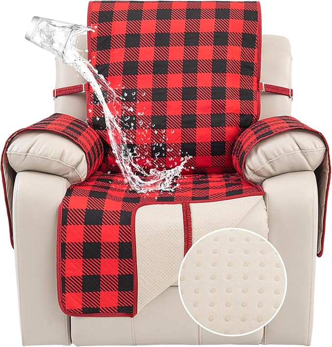 TOMORO Non-Slip Quilted Recliner Cover, 100% Waterproof Recliner Chair Slipcover Furniture Protector with Pockets, Washable Couch Cover with Elastic Straps for Kids and Pets,23 Inch