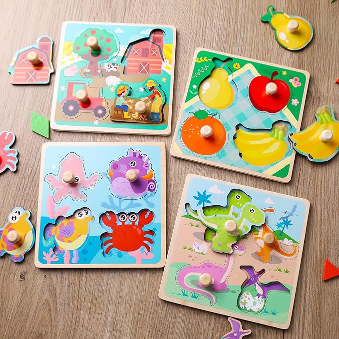 LovesTown 4PCS Wooden Peg Puzzles, Knob Puzzles with Handles Puzzles